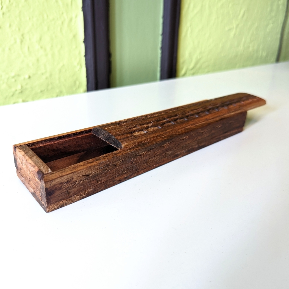 Carved Wooden Incense Storage Box with Sliding Lid, solid wood